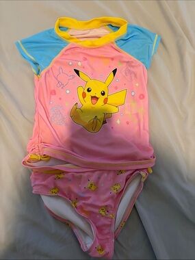 Pikachu Pink & Blue Kids Rash Guard Bikini Set Size 6